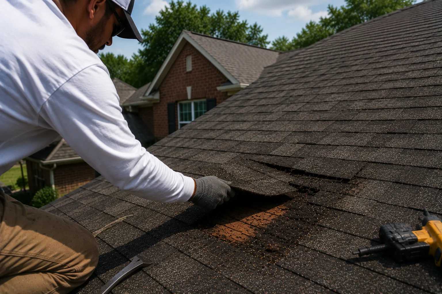 Houston's Best Roofers crew member lifting damaged shingles during a roof repair